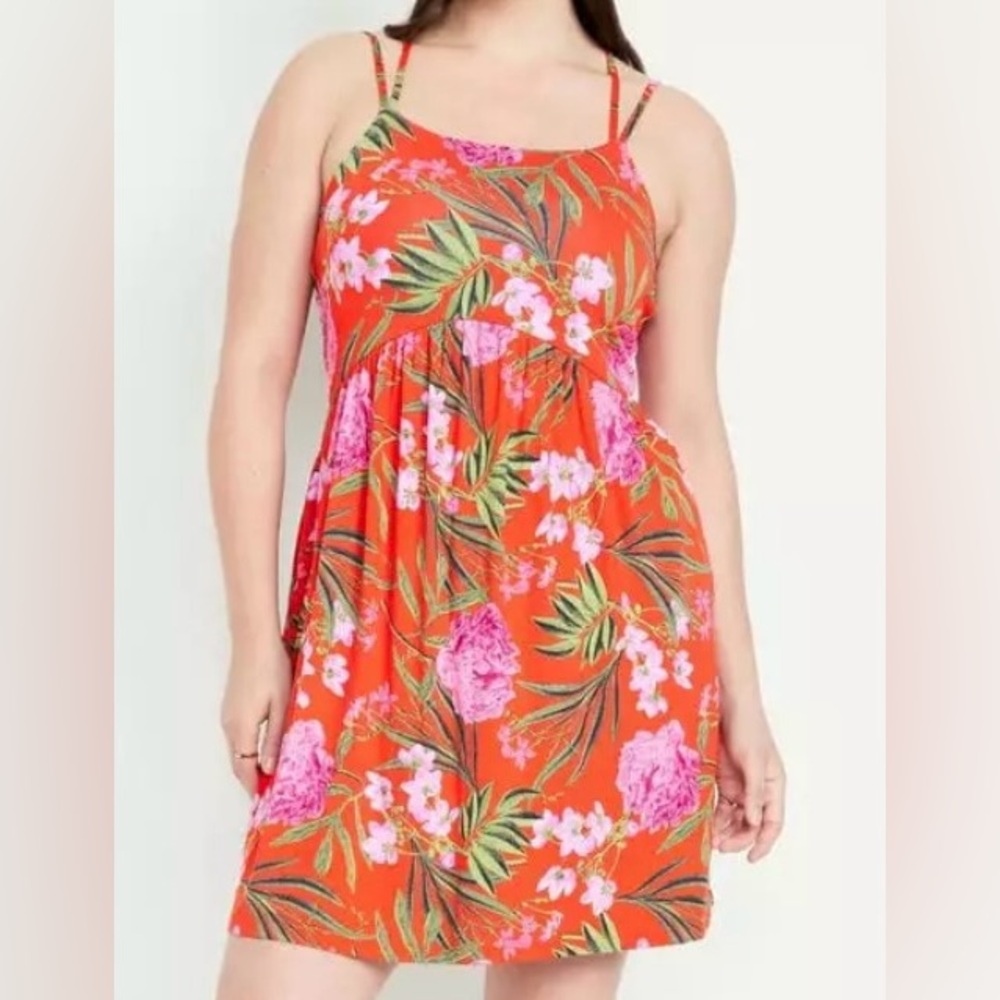 Old Navy Dark Orange Tropical Fit & Flare Strappy Mini Dress XXL-NEW - Picture 6 of 7